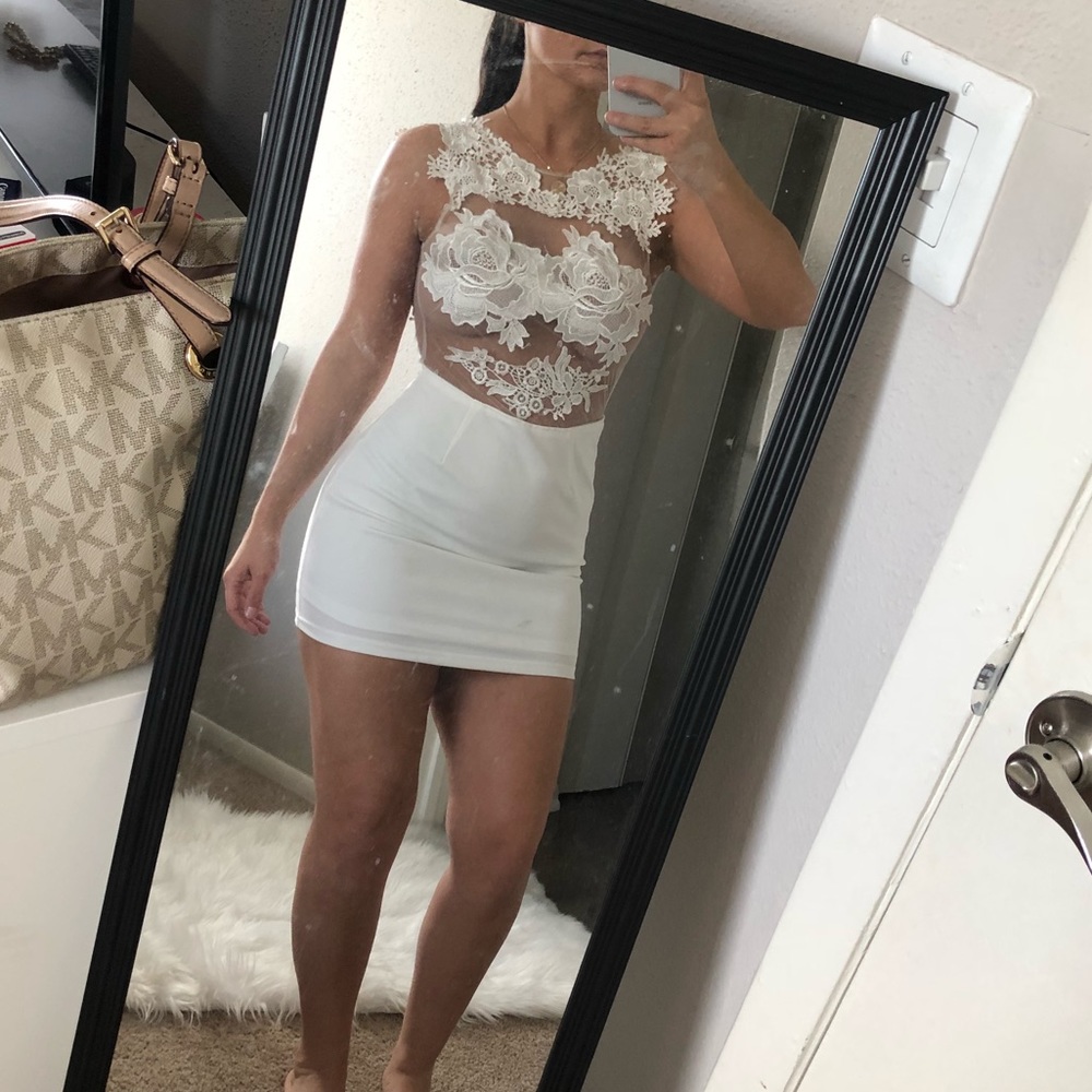 White Lace Mesh Mini Dress